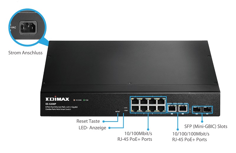 ES-5208P 8-Port Fast Ethernet PoE+ with 2 Gigabit Combo Ports Web Smart Switch