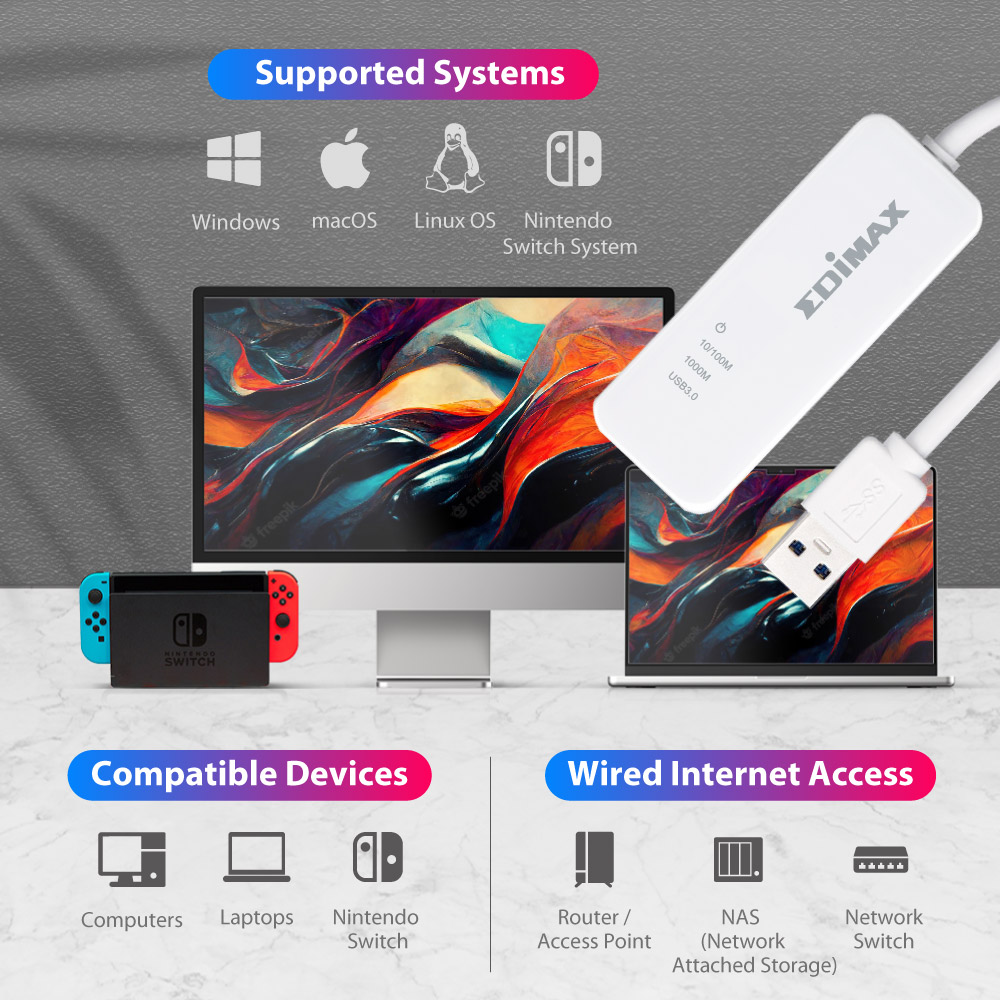 Adaptateur USB Type-C vers RJ45 + Hub USB 3.0 Edimax EU-4308