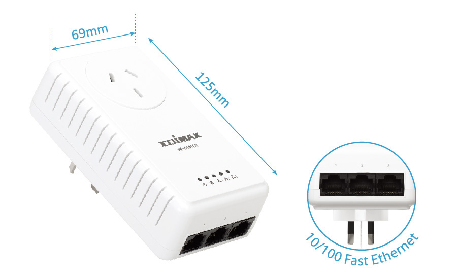 Edimax HP-5101ES AV500 PowerLIne 3-Port Switch with Integrated Power Socket, PowerLine Adapter