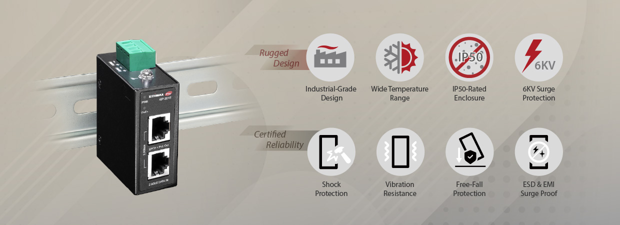 EDIMAX IGP-201IT Industrial IEEE 802.3at 2.5 Gigabit 30W PoE+ DIN-Rail Injector, Rugged Design & Certified Quality
