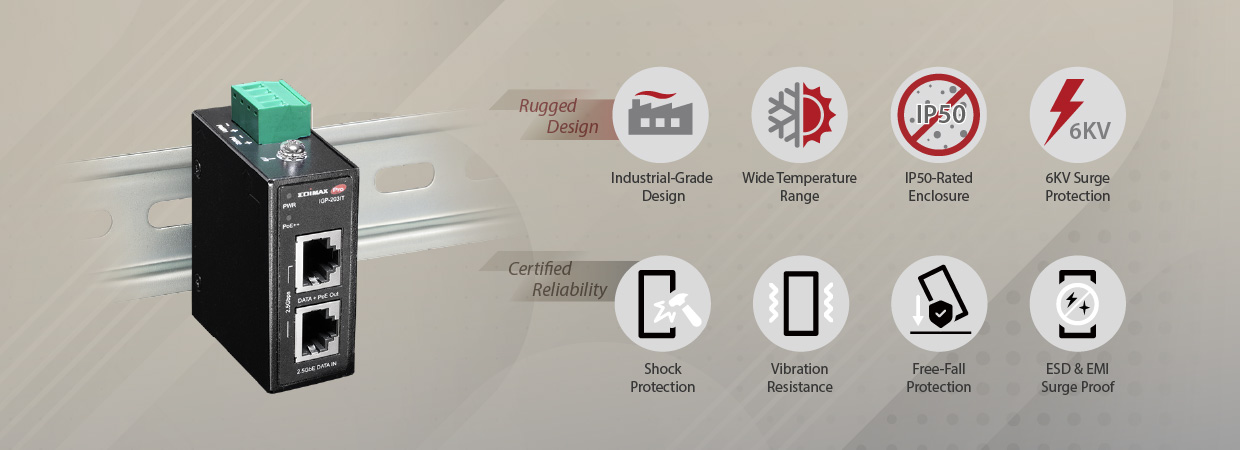 EDIMAX IGP-203IT Industrial IEEE 802.3bt 2.5 Gigabit 90W PoE++ DIN-Rail Injector, Rugged Design & Certified Quality