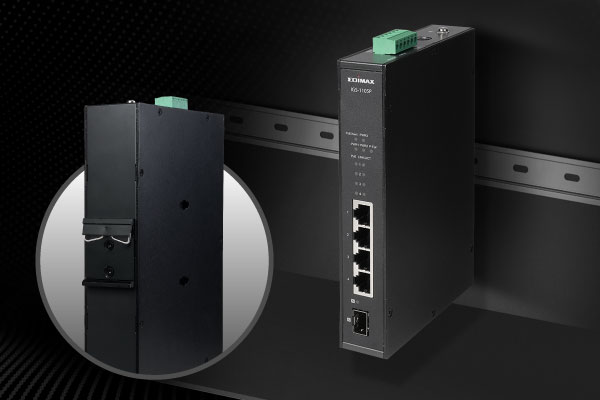 EDIMAX IGS-1105P Industrial 5-Port Gigabit PoE+ DIN-Rail Switch with 1 SFP Port, wall-mount